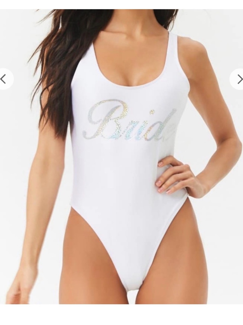 UEC Forever 21 White "Bride" One-Piece Swimsuit Iridescent Script SZ LARGE